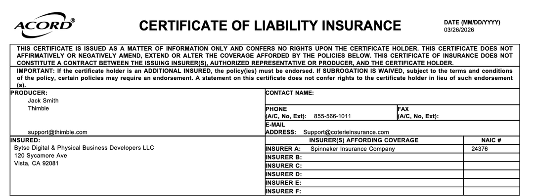 BytseSolutions business insurance certificate